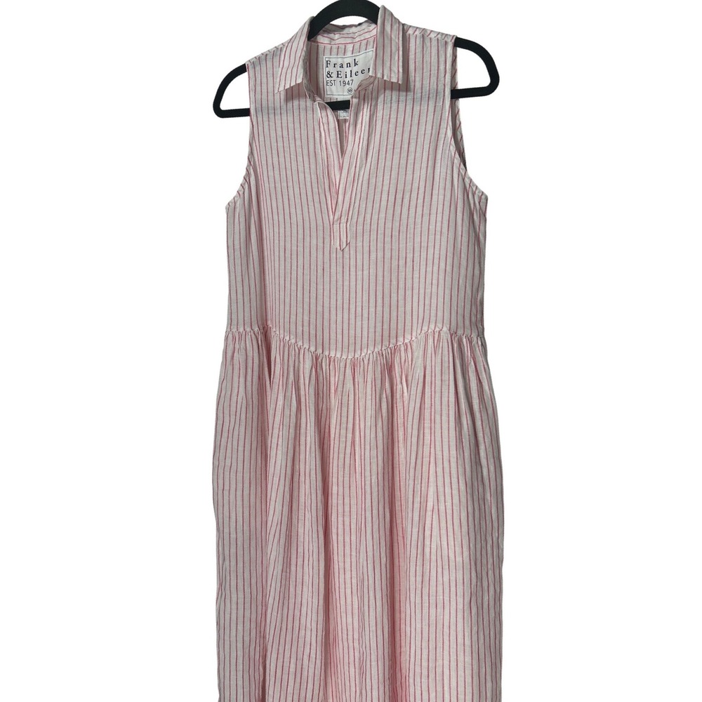 Frank & Eileen Daphne Linen Sleeveless Midi Dress Red Stripe XS Retail $298